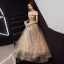 Modern / Fashion Gold Evening Dresses  2019 A-Line / Princess Scoop Neck Beading Sequins Short Sleeve Backless Metal Sash Floor-Length / Long Formal Dresses