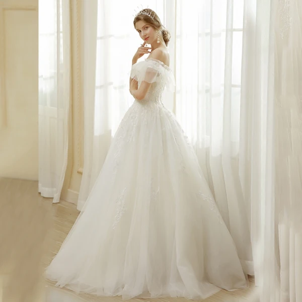 Affordable Ivory Wedding Dresses 2019 A-Line / Princess Off-The-Shoulder Lace Flower Short Sleeve Backless Floor-Length / Long