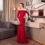 Charmant Bordeaux Robe De Soirée 2019 Trompette / Sirène De l'épaule En Dentelle Fleur Paillettes 1/2 Manches Dos Nu Noeud Longue Robe De Ceremonie