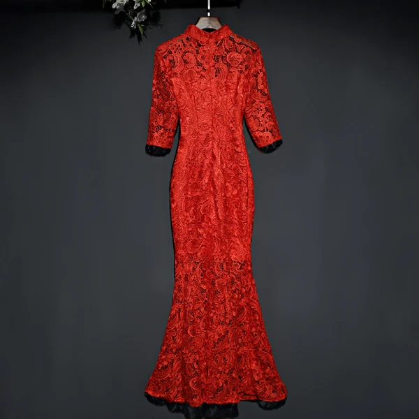 Style Chinois Rouge Robe De Soirée 2019 Trompette / Sirène Col Haut Transparentes Dentelle Fleur 1/2 Manches Longue Robe De Ceremonie