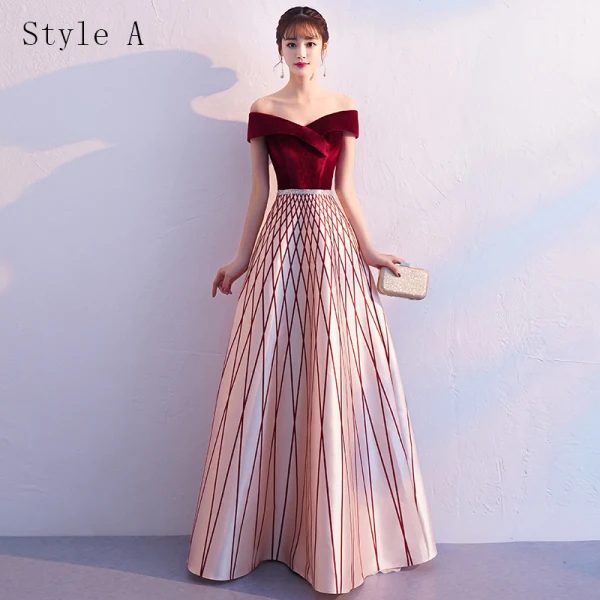 Chic / Beautiful Burgundy Evening Dresses  2019 A-Line / Princess Off-The-Shoulder Suede Short Sleeve Backless Striped Floor-Length / Long Formal Dresses