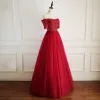 Chic / Beautiful Red Prom Dresses 2018 A-Line / Princess Crystal Beading Appliques Off-The-Shoulder Backless Short Sleeve Floor-Length / Long Formal Dresses