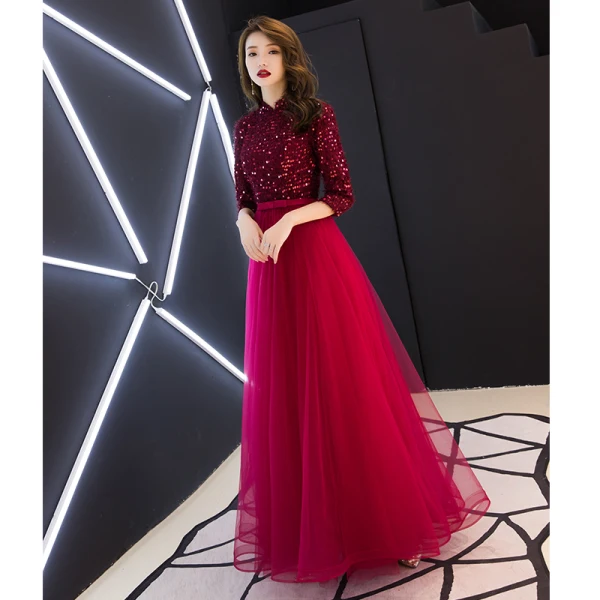 Chinese style Burgundy Evening Dresses 2019 A-Line / Princess High Neck Tassel Sequins Bow 1/2 Sleeves Floor-Length / Long Formal Dresses