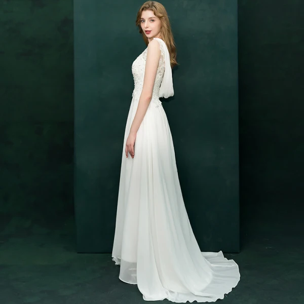 Moderne / Mode Ivoire Robe De Soirée 2019 Princesse V-Cou Appliques En Dentelle Paillettes Sans Manches Dos Nu Train De Balayage Robe De Ceremonie