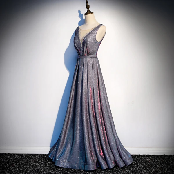 Moderne / Mode Bleu Marine Ciel étoilé Robe De Soirée 2019 Princesse Glitter Polyester Encolure Dégagée Faux Diamant Sans Manches Dos Nu Longue Robe De Ceremonie