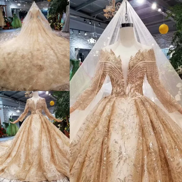 Luxe Doré Robe De Mariée 2019 Robe Boule Glitter Tulle Encolure Dégagée Perlage Cristal Gland En Dentelle Fleur Manches Longues Dos Nu Royal Train