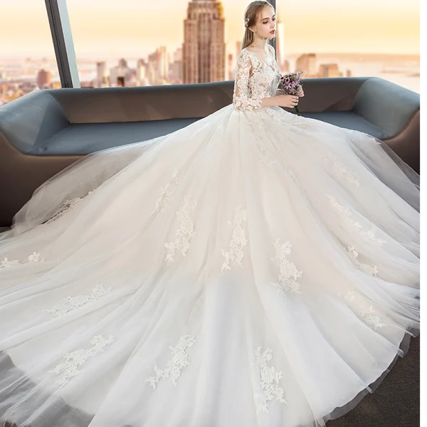 Modest / Simple White Wedding Dresses 2019 A-Line / Princess Scoop Neck See-through Lace Flower 3/4 Sleeve Backless Cathedral Train