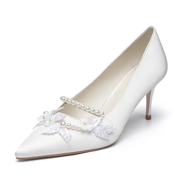 Élégant Ivoire Perle Chaussure De Mariée 2021 Cuir 7 cm Talons Aiguilles À Bout Pointu Mariage Escarpins Talons Hauts