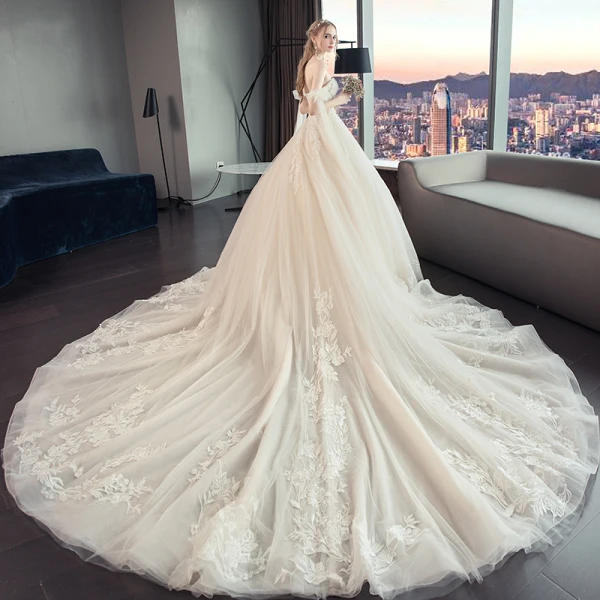 Chic / Belle Champagne Robe De Mariée 2019 Princesse Bustier Perlage En Dentelle Fleur Sans Manches Dos Nu Noeud Royal Train