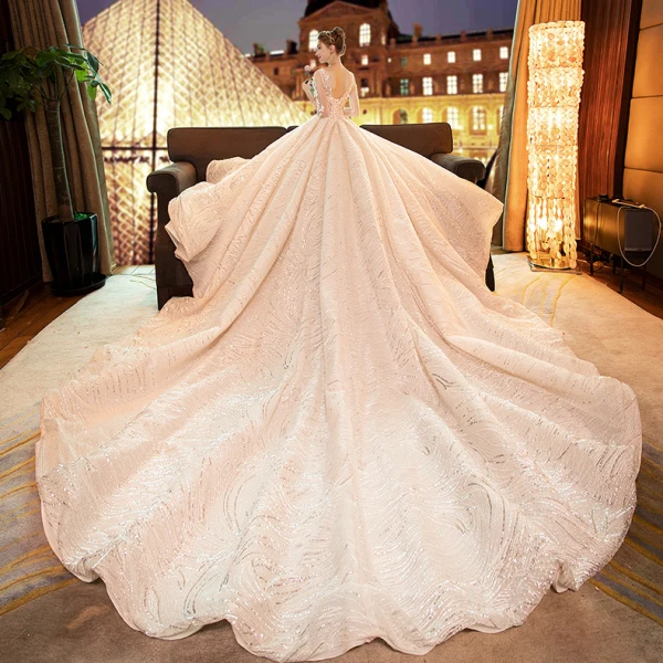 Luxury / Gorgeous Champagne Wedding Dresses 2019 A-Line / Princess Scoop Neck Lace Flower Appliques 3/4 Sleeve Backless Glitter Tulle Royal Train