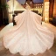 Luxury / Gorgeous Champagne Wedding Dresses 2019 A-Line / Princess Scoop Neck Lace Flower Appliques 3/4 Sleeve Backless Glitter Tulle Royal Train