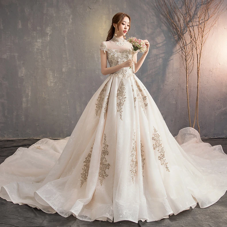 Vintage Retro Chinese Style Champagne Wedding Dresses 2019 A Line Princess  High Neck Lace Flower Cap Sleeves Backless Royal Train