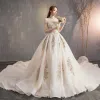 Vintage / Retro Chinese style Champagne Wedding Dresses 2019 A-Line / Princess High Neck Lace Flower Cap Sleeves Backless Royal Train