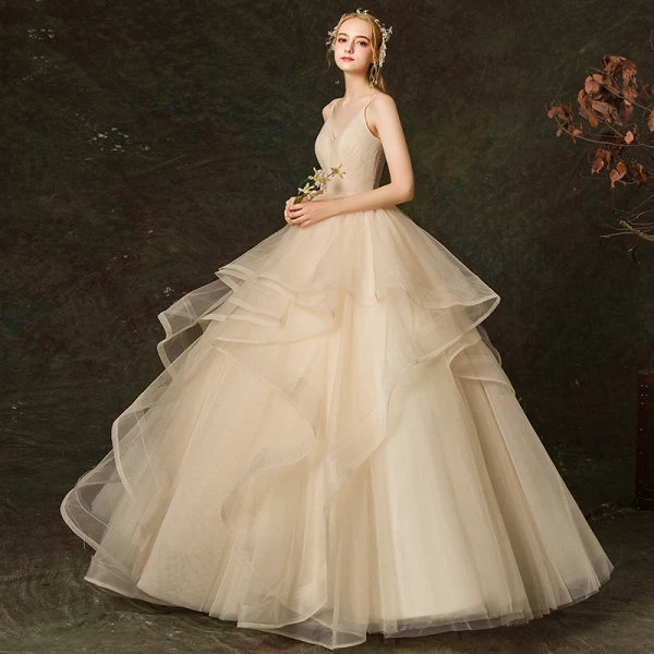 Elegant Champagne Wedding Dresses 2019 Ball Gown Backless Spaghetti Straps Sleeveless Cascading Ruffles Floor-Length / Long