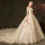 Elegant Champagne Wedding Dresses 2019 A-Line / Princess Off-The-Shoulder Glitter Embroidered Short Sleeve Backless Royal Train