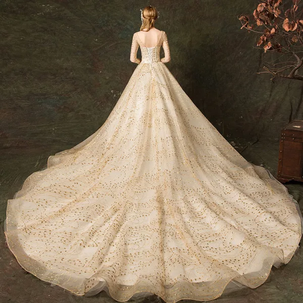 Scintillantes Champagne Robe De Mariée 2019 Princesse Encolure Carrée Glitter Brodé 3/4 Manches Dos Nu Royal Train