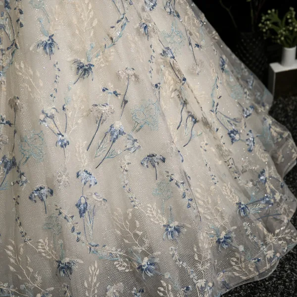 Demure Ivory Beading Pearl Rhinestone Lace Flower Prom Dresses 2025 Ball Gown High Neck Cap Sleeves Backless Floor-Length / Long Formal Dresses