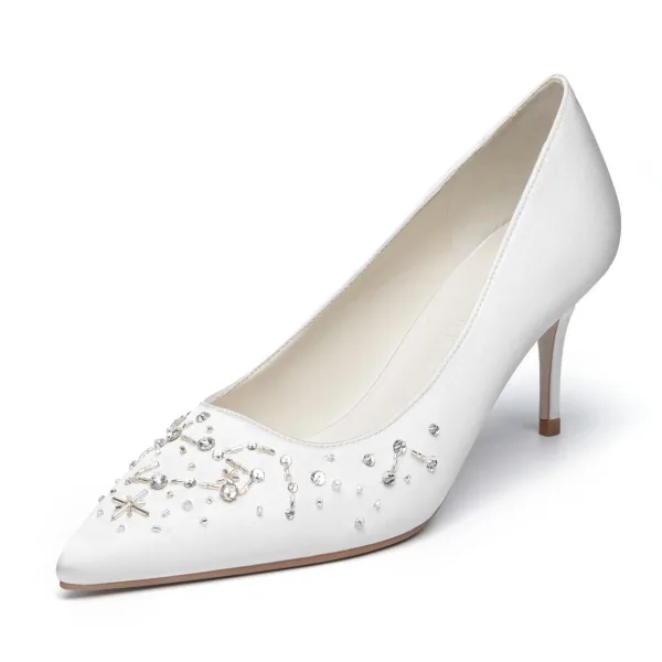 Mooie / Prachtige Ivoor Satijn Rhinestone Bruidsschoenen 2021 Leer 7 cm Naaldhakken / Stiletto Spitse Neus Huwelijk Pumps Hoge Hakken