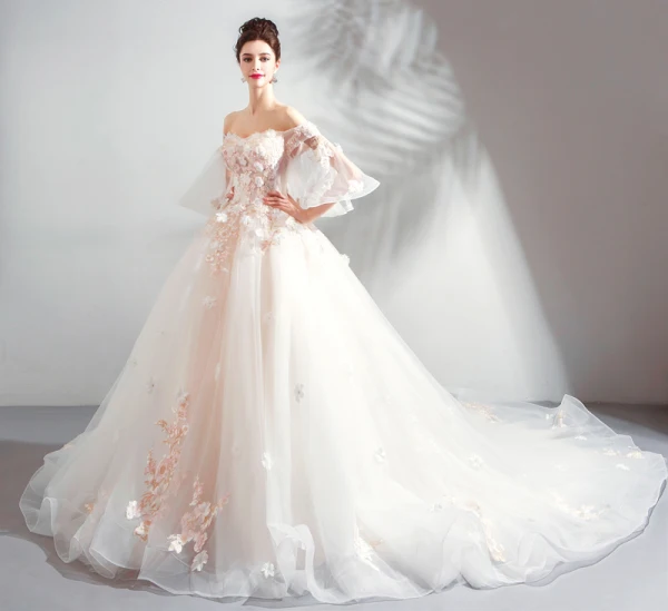 Charming Champagne Wedding Dresses 2019 A-Line / Princess Off-The-Shoulder Appliques Embroidered Pearl 3/4 Sleeve Backless Cathedral Train