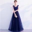 Chic / Beautiful Navy Blue Evening Dresses  2019 A-Line / Princess V-Neck Beading Lace Flower Bow Sleeveless Backless Floor-Length / Long Formal Dresses