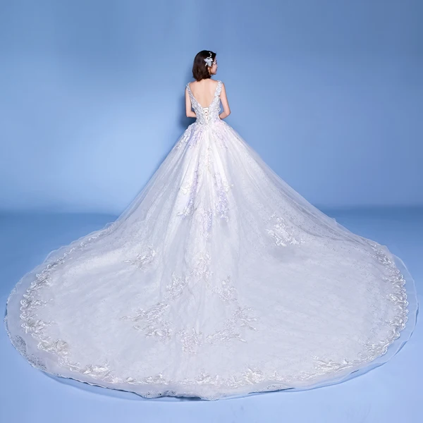 Élégant Ivoire Robe De Mariée 2019 Princesse Encolure Dégagée Appliques Perle En Dentelle Fleur Sans Manches Dos Nu Cathedral Train
