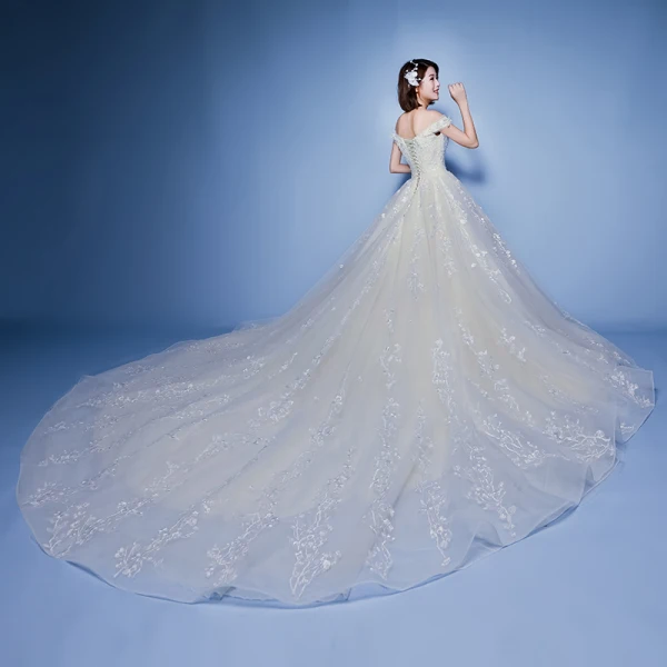 Charming Champagne Wedding Dresses 2019 A-Line / Princess Off-The-Shoulder Beading Appliques Lace Flower Short Sleeve Backless Royal Train