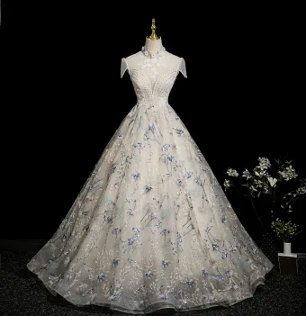 Demure Ivory Beading Pearl Rhinestone Lace Flower Prom Dresses 2025 Ball Gown High Neck Cap Sleeves Backless Floor Length Long Formal Dresses