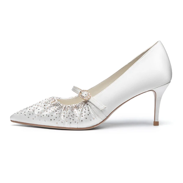 Elegant White Wedding Rhinestone Satin Wedding Shoes 2021 7 cm Stiletto Heels Pointed Toe Pumps High Heels