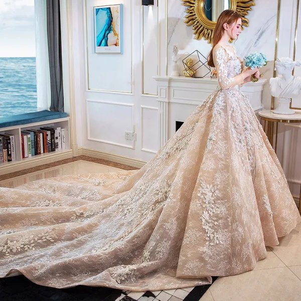 Luxury / Gorgeous Champagne Handmade Beading Wedding Dresses 2019 A-Line / Princess Scoop Neck Appliques Lace Crystal 3/4 Sleeve Backless Royal Train