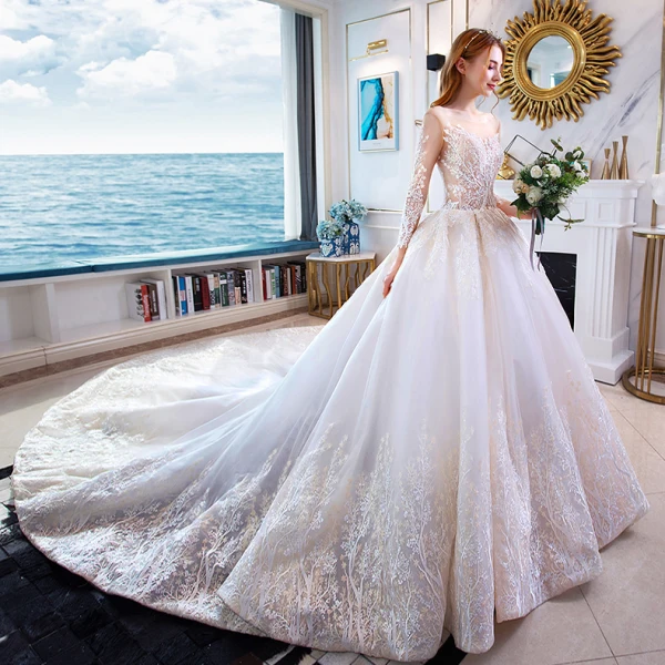 Elegant Ivory Wedding Dresses 2019 A-Line / Princess Scoop Neck Lace Flower 3/4 Sleeve Backless Cathedral Train