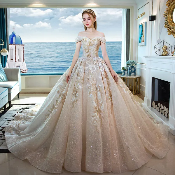 Luxury / Gorgeous Champagne Glitter Tulle Wedding Dresses 2019 A-Line / Princess Off-The-Shoulder Lace Embroidered Backless Royal Train