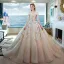 Luxury / Gorgeous Champagne Glitter Tulle Wedding Dresses 2019 A-Line / Princess Off-The-Shoulder Lace Embroidered Backless Royal Train