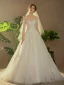 Elegant Ivory Wedding Dresses 2019 A-Line / Princess Scoop Neck Sequins Lace Flower 1/2 Sleeves Backless Floor-Length / Long