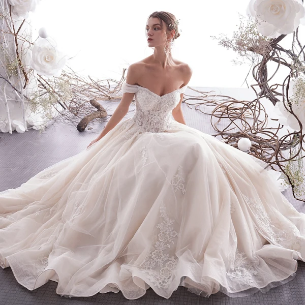 Sexy Champagne Wedding Dresses 2019 A-Line / Princess Off-The-Shoulder Lace Flower Sequins Sleeveless Backless Floor-Length / Long