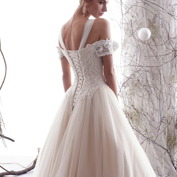 Elegant Champagne Wedding Dresses 2019 A-Line / Princess Off-The-Shoulder Beading Lace Flower Short Sleeve Backless Floor-Length / Long