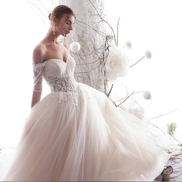 Charming Champagne Wedding Dresses 2019 A-Line / Princess Off-The-Shoulder Beading Lace Flower Short Sleeve Backless Floor-Length / Long