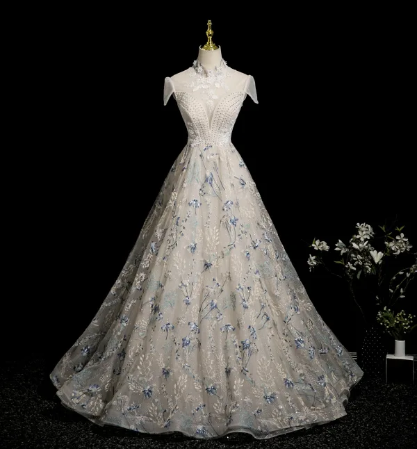 Demure Ivory Beading Pearl Rhinestone Lace Flower Prom Dresses 2025 Ball Gown High Neck Cap Sleeves Backless Floor-Length / Long Formal Dresses