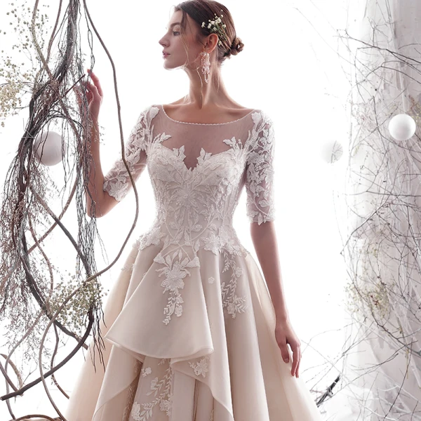 Luxury / Gorgeous Champagne Wedding Dresses 2019 A-Line / Princess Scoop Neck Beading Lace Flower 1/2 Sleeves Backless Floor-Length / Long