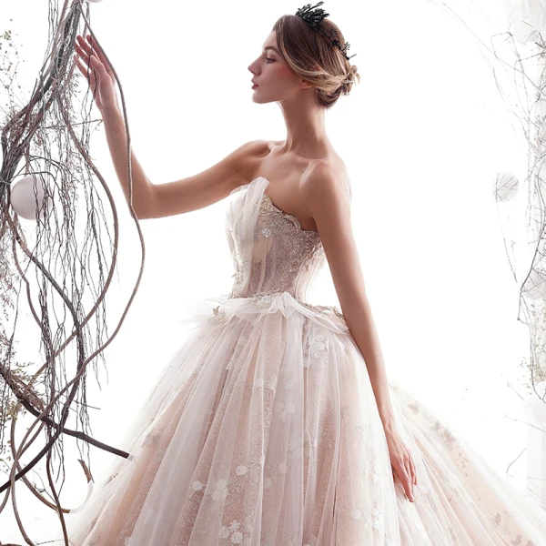 Luxus / Herrlich Champagner Brautkleider / Hochzeitskleider 2019 A Linie Plissee Bandeau Perlenstickerei Spitze Blumen Ärmellos Rückenfreies Kapelle-Schleppe