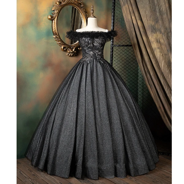 Vintage / Retro Black Quinceañera Prom Dresses 2021 Ball Gown Ruffle Off-The-Shoulder Beading Sequins Lace Flower Sleeveless Backless Floor-Length / Long Formal Dresses