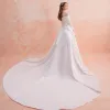 Elegant Ivory Wedding Dresses 2019 A-Line / Princess Off-The-Shoulder Pearl Rhinestone 3/4 Sleeve Backless Bow Royal Train