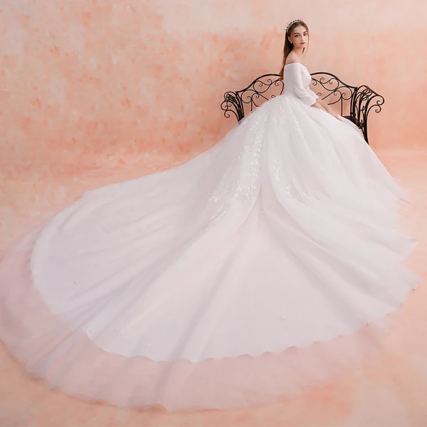 Elegant Ivory Wedding Dresses 2019 A-Line / Princess Off-The-Shoulder Lace Flower 3/4 Sleeve Backless Royal Train