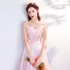 Chic / Beautiful Blushing Pink Evening Dresses  2018 A-Line / Princess Embroidered Butterfly Scoop Neck Sleeveless Ankle Length Formal Dresses