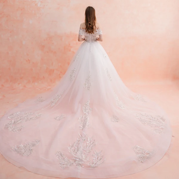 Elegant White Wedding Dresses 2019 A-Line / Princess Off-The-Shoulder Beading Tassel Lace Flower Short Sleeve Backless Royal Train