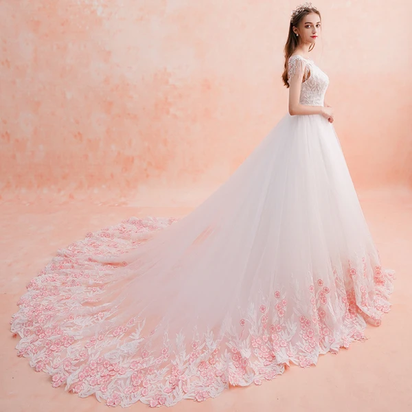 Chic / Belle Blanche Robe De Mariée 2019 Princesse Encolure Dégagée Perlage Gland En Dentelle Fleur Rose Bonbon Appliques Sans Manches Dos Nu Royal Train