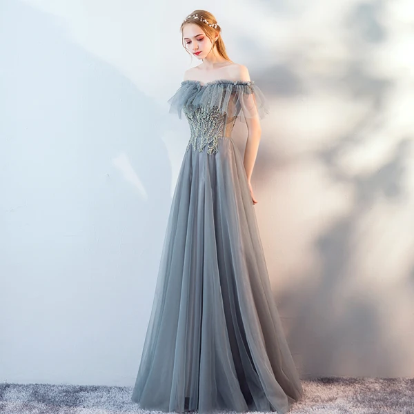 Modern / Fashion Grey Lace Flower Evening Dresses  2019 A-Line / Princess Off-The-Shoulder Beading Short Sleeve Backless Floor-Length / Long Formal Dresses