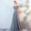 Modern / Fashion Grey Lace Flower Evening Dresses  2019 A-Line / Princess Off-The-Shoulder Beading Short Sleeve Backless Floor-Length / Long Formal Dresses