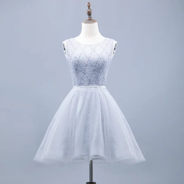 Chic / Beautiful Grey Cocktail Dresses 2019 A-Line / Princess Scoop Neck Lace Flower Pearl Sleeveless Backless Bow Short Formal Dresses
