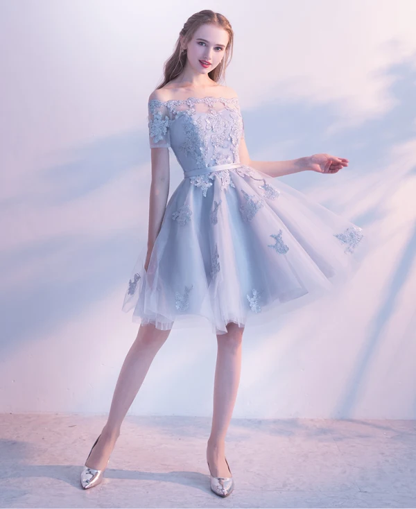 Chic / Beautiful Grey Graduation Dresses 2019 A-Line / Princess Off-The-Shoulder Lace Flower Sash Short Sleeve Backless Knee-Length Formal Dresses
