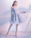 Chic / Beautiful Grey Graduation Dresses 2019 A-Line / Princess Off-The-Shoulder Lace Flower Sash Short Sleeve Backless Knee-Length Formal Dresses